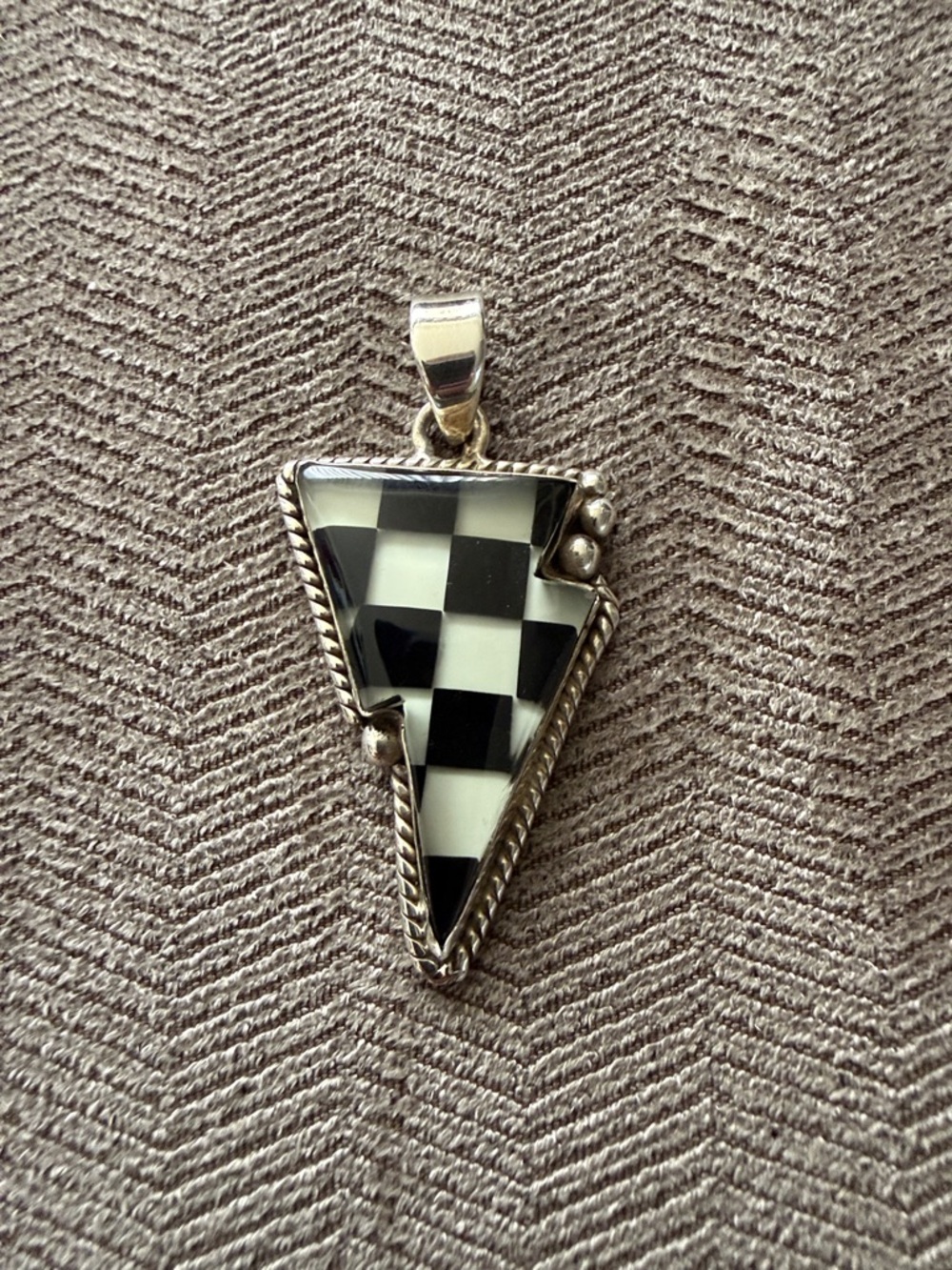 Sterling Silver Lightning Bolt Black and White Checkerboard Inlay Pendant